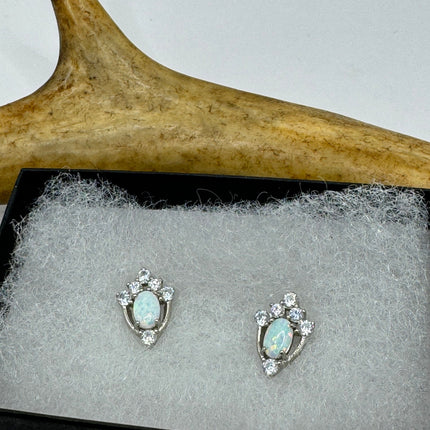 Vintage Silver Earrings | Mini White Fire Opal Gemstone | 925 Sterling Silver Stud Button Earrings for Everyday Wedding or Prom Jewelry