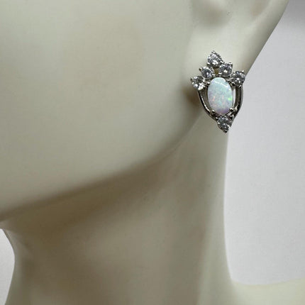 Vintage Silver Earrings | Mini White Fire Opal Gemstone | 925 Sterling Silver Stud Button Earrings for Everyday Wedding or Prom Jewelry