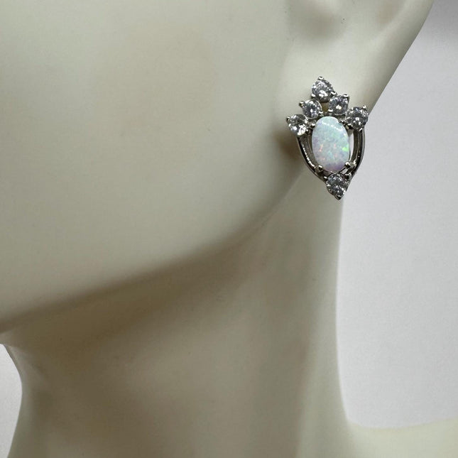 Vintage Silver Earrings | Mini White Fire Opal Gemstone | 925 Sterling Silver Stud Button Earrings for Everyday Wedding or Prom Jewelry