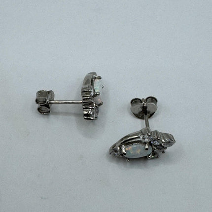 Vintage Silver Earrings | Mini White Fire Opal Gemstone | 925 Sterling Silver Stud Button Earrings for Everyday Wedding or Prom Jewelry