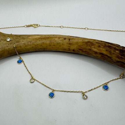 Vintage Silver Necklace | Tiny blue Fire Opal Gemstone Crystal Diamond | 925 Sterling Silver Minimalist Charm Pendant Chain Necklace