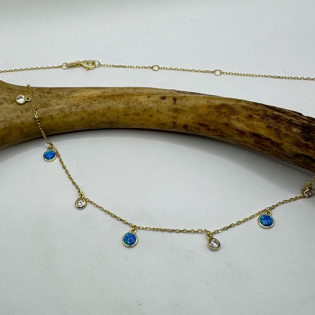Vintage Silver Necklace | Tiny blue Fire Opal Gemstone Crystal Diamond | 925 Sterling Silver Minimalist Charm Pendant Chain Necklace