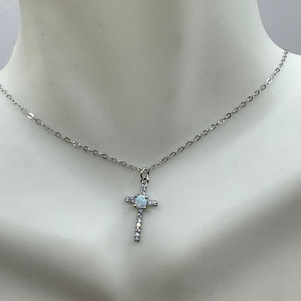 Vintage tiny fire opal cross on a 925 sterling silver chain minimalist necklace