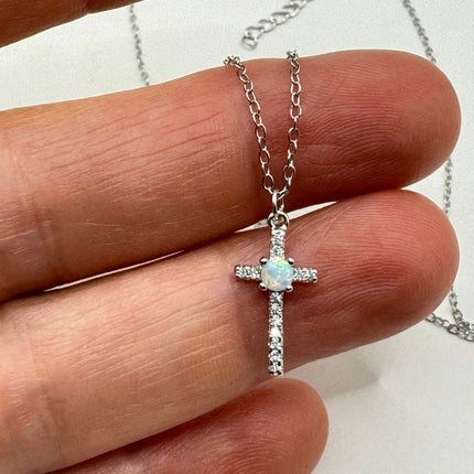 Vintage tiny fire opal cross on a 925 sterling silver chain minimalist necklace