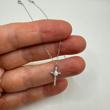 Vintage tiny fire opal cross on a 925 sterling silver chain minimalist necklace