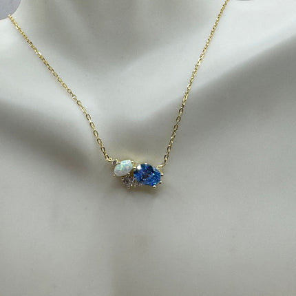 Vintage Silver Necklace | Tiny blue Fire Opal Gemstone Crystal Diamond | 925 Sterling Silver Minimalist Charm Pendant Chain Necklace