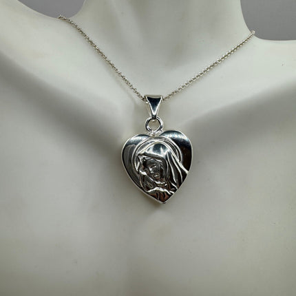 Vintage Silver Necklace Sterling Silver Mary Heart Link Chain Necklace for Him for Her or for Anyone