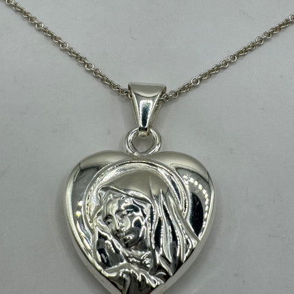 Vintage Silver Necklace Sterling Silver Mary Heart Link Chain Necklace for Him for Her or for Anyone