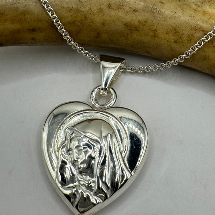 Vintage Silver Necklace Sterling Silver Mary Heart Link Chain Necklace for Him for Her or for Anyone