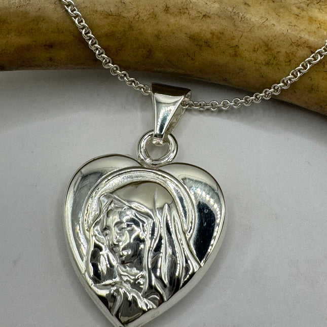 Vintage Silver Necklace Sterling Silver Mary Heart Link Chain Necklace for Him for Her or for Anyone