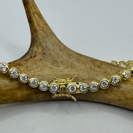 Vintage Gold Tennis Bracelet | Bezel Set Cubic Zirconia Crystal Diamond Gemstone | Golden 925 Sterling Silver Stackable Tennis Bracelet