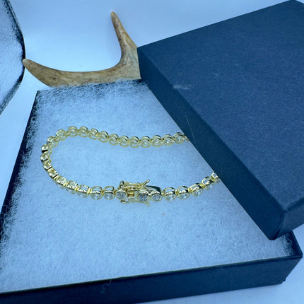 Vintage Gold Tennis Bracelet | Bezel Set Cubic Zirconia Crystal Diamond Gemstone | Golden 925 Sterling Silver Stackable Tennis Bracelet