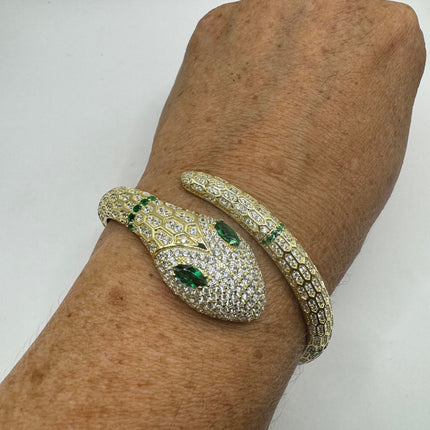 Vintage Silver Snake Bracelet | Emerald Green and Cubic Zirconia Crystal Diamond Serpent Bangle Cuff | 925 Sterling Silver Bracelet