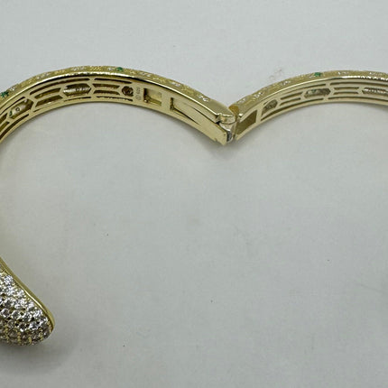 Vintage Silver Snake Bracelet | Emerald Green and Cubic Zirconia Crystal Diamond Serpent Bangle Cuff | 925 Sterling Silver Bracelet
