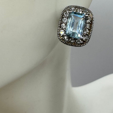 Vintage Silver Earrings | Blue Aquamarine White Sapphire Gemstone Stud Button Simple Minimal Earrings | 925 Sterling Silver