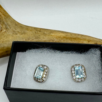 Vintage Silver Earrings | Blue Aquamarine White Sapphire Gemstone Stud Button Simple Minimal Earrings | 925 Sterling Silver