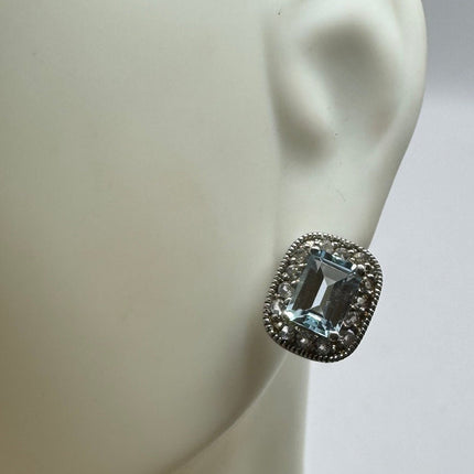 Vintage Silver Earrings | Blue Aquamarine White Sapphire Gemstone Stud Button Simple Minimal Earrings | 925 Sterling Silver