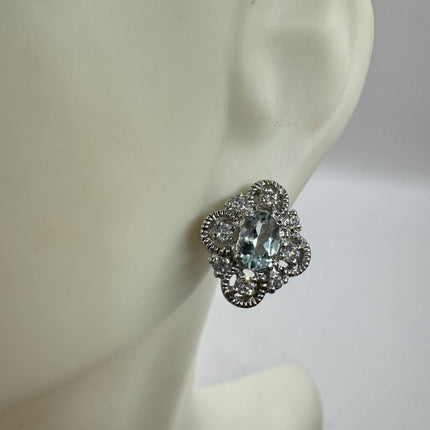 Vintage Silver Earrings | Blue Aquamarine White Sapphire Gemstone Stud Button Simple Minimal Earrings | 925 Sterling Silver