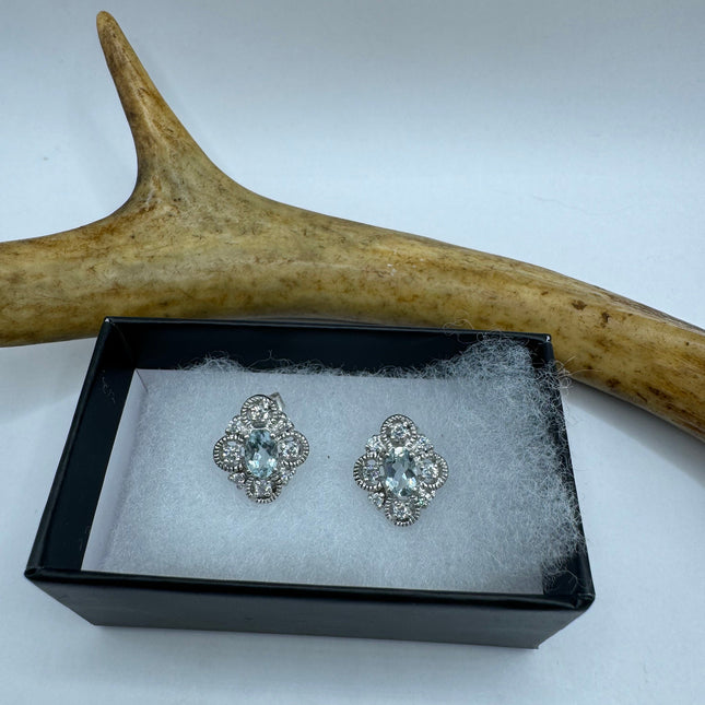 Vintage Silver Earrings | Blue Aquamarine White Sapphire Gemstone Stud Button Simple Minimal Earrings | 925 Sterling Silver