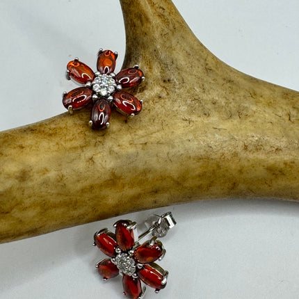 Vintage Silver Earrings | Garnet Gemstone 925 Sterling Silver Red Garnet Flower Stud Button Earrings | Everyday | Minimal | Simple