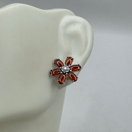 Vintage Silver Earrings | Garnet Gemstone 925 Sterling Silver Red Garnet Flower Stud Button Earrings | Everyday | Minimal | Simple