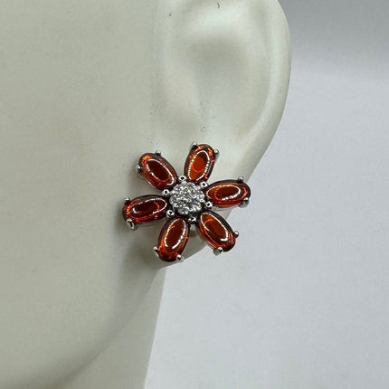 Vintage Silver Earrings | Garnet Gemstone 925 Sterling Silver Red Garnet Flower Stud Button Earrings | Everyday | Minimal | Simple