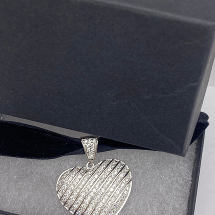 Vintage Cubic Zirconia Heart Velvet Choker - 925 Sterling Silver Necklace - Antique Design