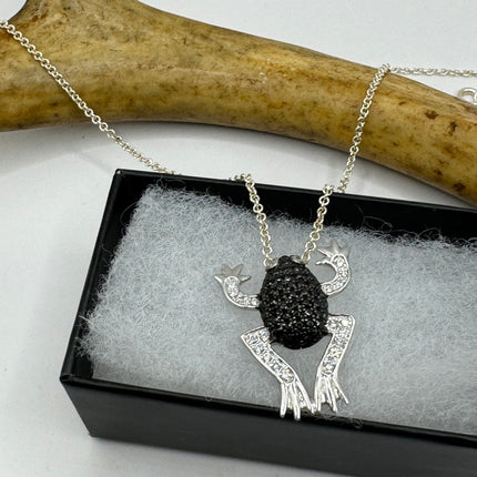 Vintage Tiny Frog Pendant on Delicate 925 Sterling Silver Necklace Pave black and white sapphires