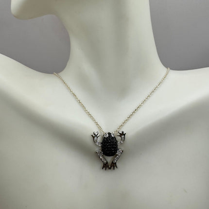Vintage Tiny Frog Pendant on Delicate 925 Sterling Silver Necklace Pave black and white sapphires
