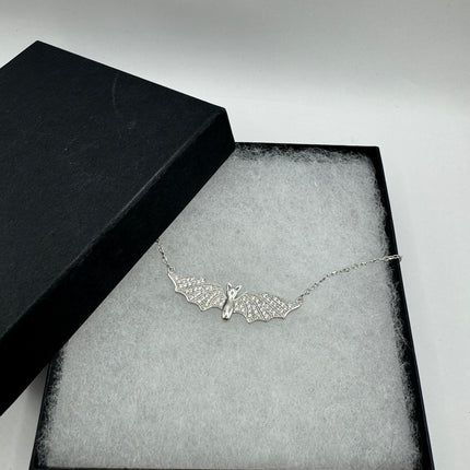 Vintage Tiny Bat Pendant on Delicate 925 Sterling Silver Necklace Pave black and white sapphires