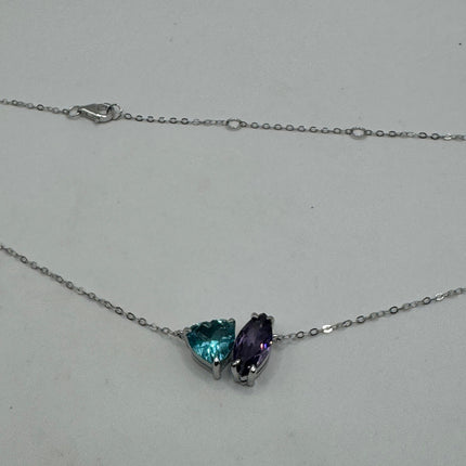 Vintage Tiny Charm Necklace | Purple Amethyst Blue Topaz Gemstone Dainty 925 Sterling Silver Chain Necklace | Minimalist Style Crystal