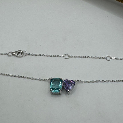 Vintage Tiny Charm Necklace | Purple Amethyst Blue Topaz Gemstone Dainty 925 Sterling Silver Chain Necklace | Minimalist Style Crystal