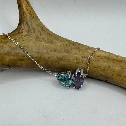 Vintage Tiny Charm Necklace | Purple Amethyst Blue Topaz Gemstone Dainty 925 Sterling Silver Chain Necklace | Minimalist Style Crystal