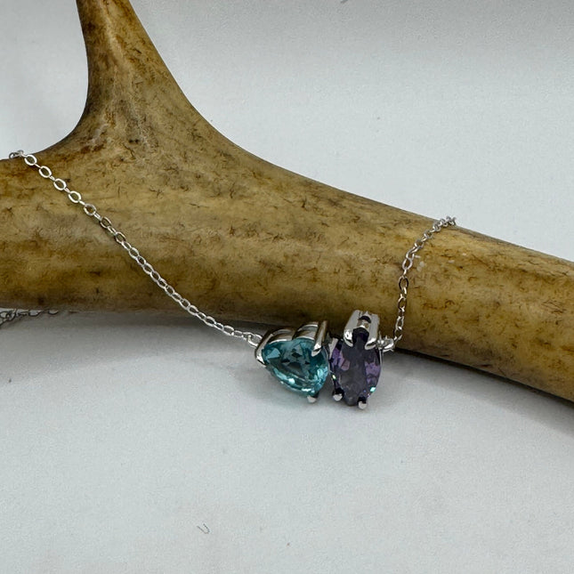 Vintage Tiny Charm Necklace | Purple Amethyst Blue Topaz Gemstone Dainty 925 Sterling Silver Chain Necklace | Minimalist Style Crystal