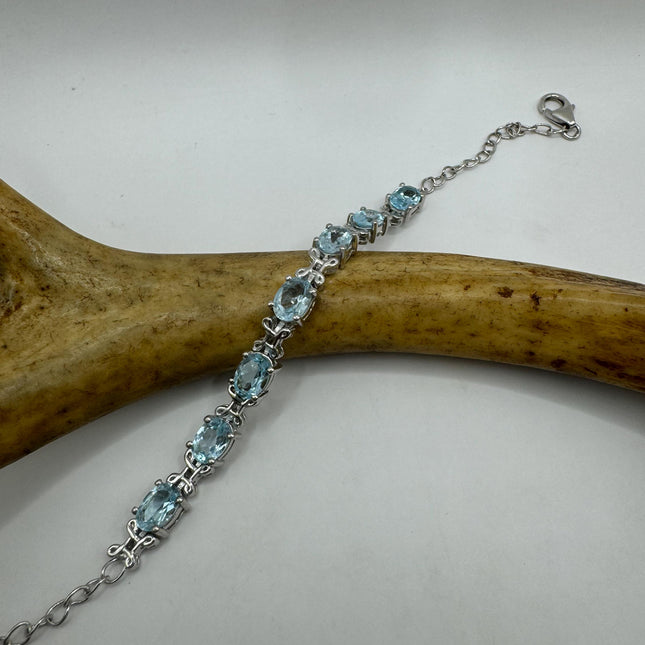 Vintage Silver Tennis Bracelet | Blue Topaz Gemstone Tiny Crystal Birthstone 925 Sterling Silver Box Bracelet | Something Blue