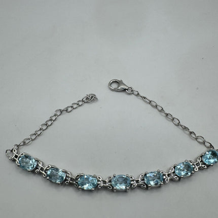 Vintage Silver Tennis Bracelet | Blue Topaz Gemstone Tiny Crystal Birthstone 925 Sterling Silver Box Bracelet | Something Blue