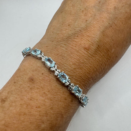 Vintage Silver Tennis Bracelet | Blue Topaz Gemstone Tiny Crystal Birthstone 925 Sterling Silver Box Bracelet | Something Blue