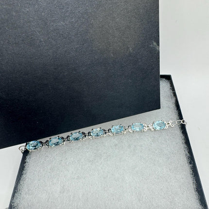Vintage Silver Tennis Bracelet | Blue Topaz Gemstone Tiny Crystal Birthstone 925 Sterling Silver Box Bracelet | Something Blue