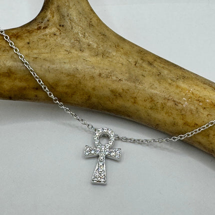 Vintage Ankh 925 Sterling Silver Minimal Tiny Necklace Crystal Diamond Anhk