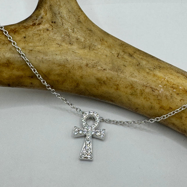 Vintage Ankh 925 Sterling Silver Minimal Tiny Necklace Crystal Diamond Anhk