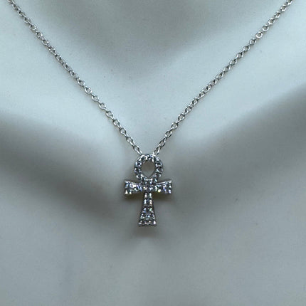 Vintage Ankh 925 Sterling Silver Minimal Tiny Necklace Crystal Diamond Anhk