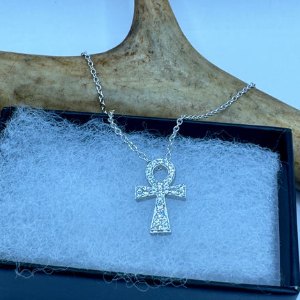 Vintage Ankh 925 Sterling Silver Minimal Tiny Necklace Crystal Diamond Anhk