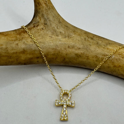 Vintage Ankh Gold 925 Sterling Silver Minimal Tiny Necklace Crystal Diamond Anhk