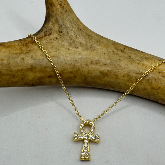 Vintage Ankh Gold 925 Sterling Silver Minimal Tiny Necklace Crystal Diamond Anhk