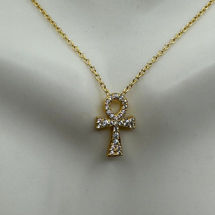 Vintage Ankh Gold 925 Sterling Silver Minimal Tiny Necklace Crystal Diamond Anhk