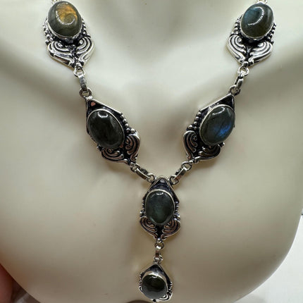 Vintage Gold Pendant Choker Necklace | Green Labradorite Moonstone Gemstone Elegant Design | Golden 925 Sterling Silver Statement Necklace