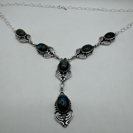 Vintage Gold Pendant Choker Necklace | Green Labradorite Moonstone Gemstone Elegant Design | Golden 925 Sterling Silver Statement Necklace