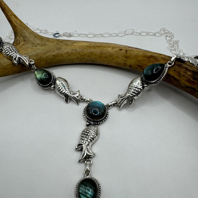 Vintage Pendant Choker Necklace | Green Labradorite Moonstone Gemstone Elegant Design | 925 Sterling Silver Statement Necklace