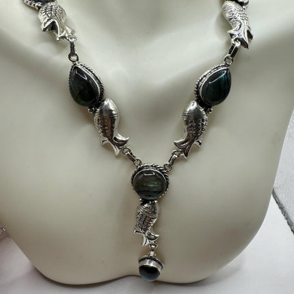 Vintage Pendant Choker Necklace | Green Labradorite Moonstone Gemstone Elegant Design | 925 Sterling Silver Statement Necklace