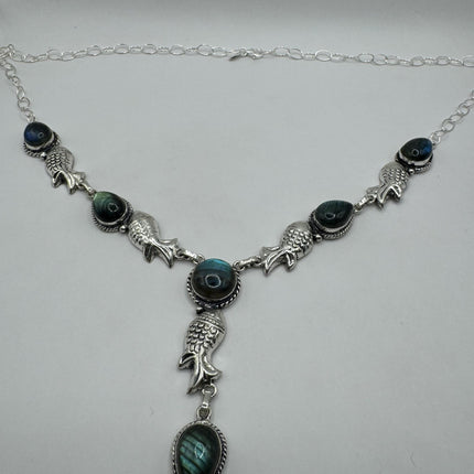Vintage Pendant Choker Necklace | Green Labradorite Moonstone Gemstone Elegant Design | 925 Sterling Silver Statement Necklace